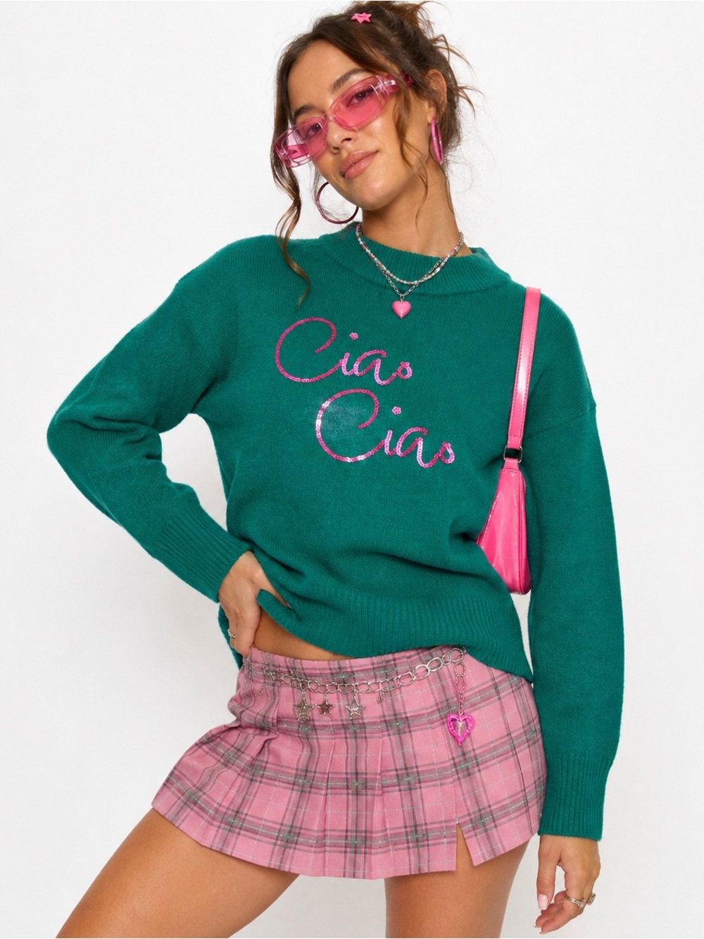 A New Day Ciao Ciao Sequin Sweater Green Pink Size Medium Y2K Italian Girl